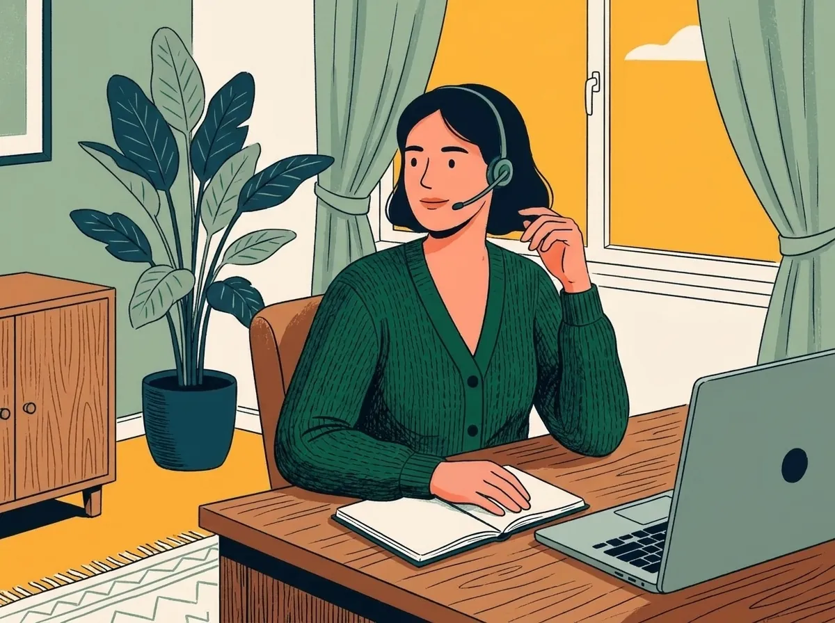 Editorial illustration of a support agent with a headset at her desk, listening during a call