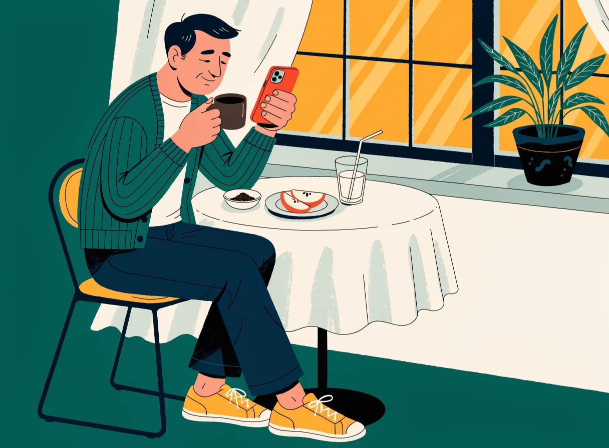 Editorial illustration of a man at his kitchen table, coffee in one hand, checking his phone