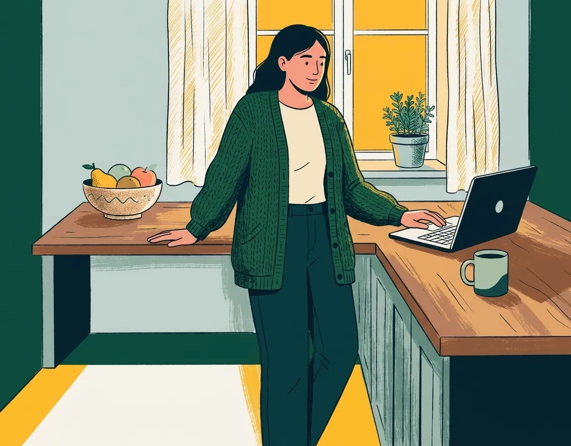 A client at her kitchen counter filling in her application on a laptop.