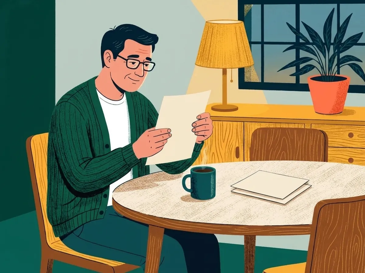 Editorial illustration of a man at a dining table reading a single plain sheet of paper